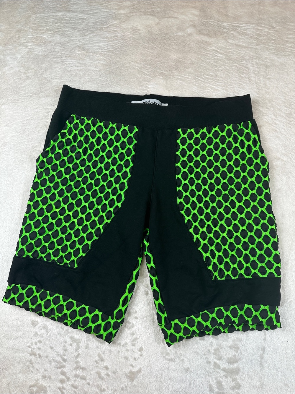 *Sstricks Size L Men's Black Shorts with Bright Green Mesh Panels | Unique